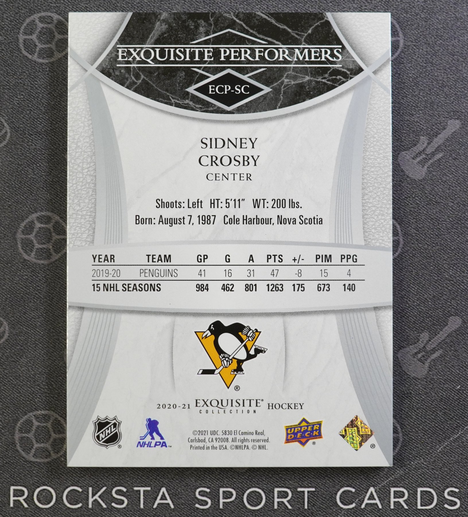 Оборотная сторона карточки Sidney Crosby — 2020/21 Upper Deck Black Diamond — Exquisite Collection Exquisite Performers — #ECP-SC — 030/199
