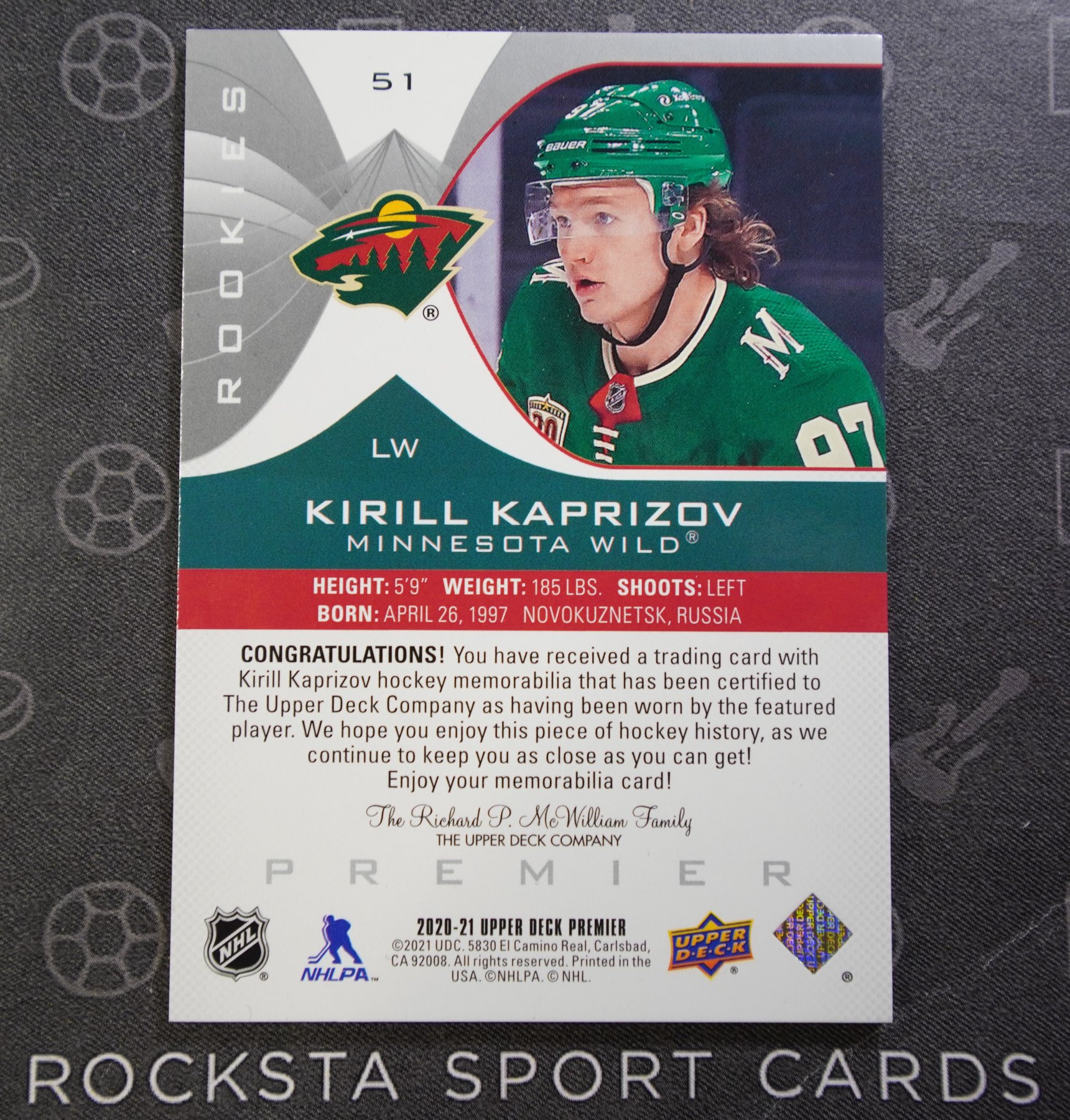 Оборотная сторона карточки Kirill Kaprizov — 2020/21 Upper Deck Premier — Premier Rookies / Jersey Parallel — Rookies — #51