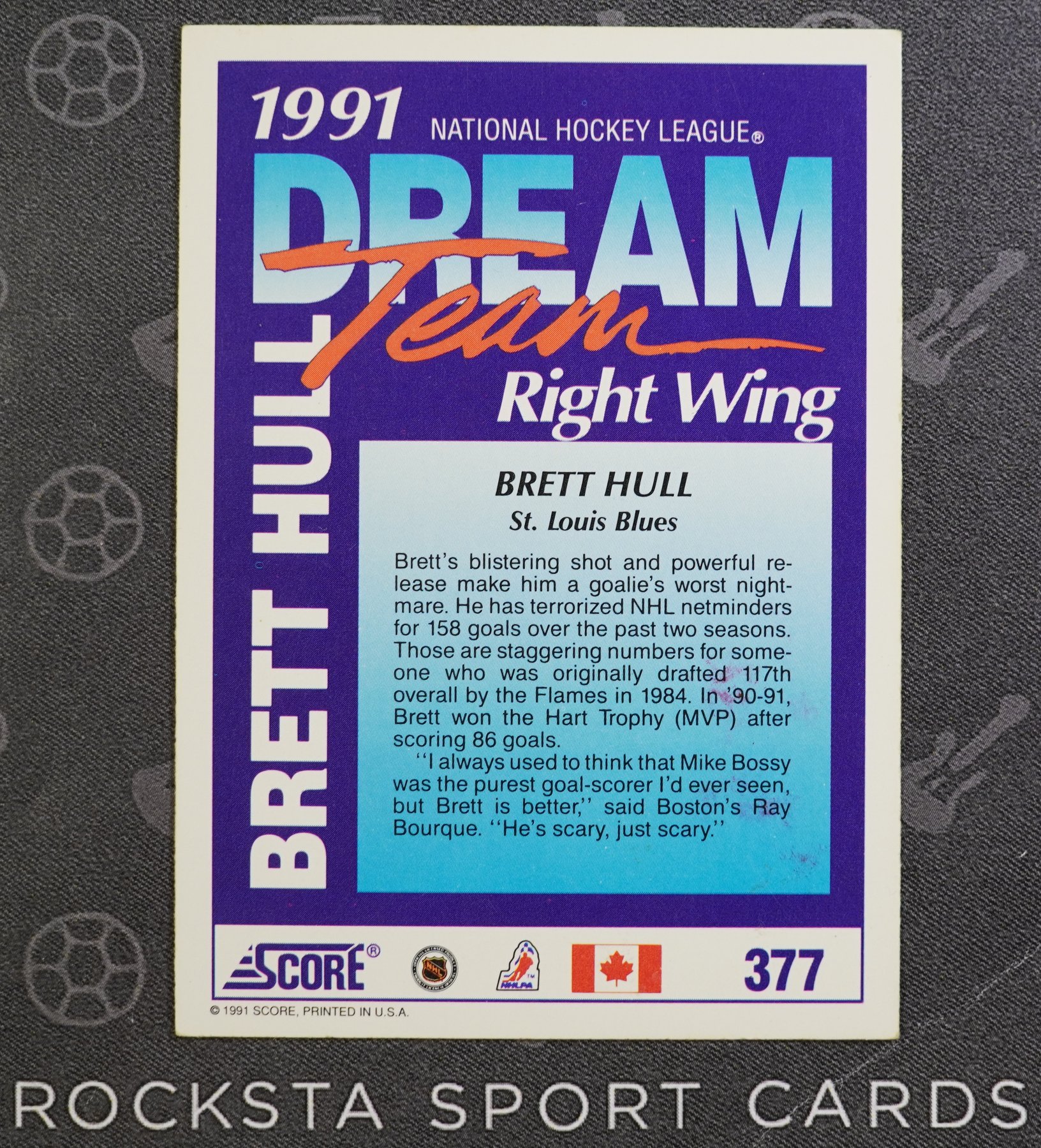 Оборотная сторона карточки Brett Hull — 1991/92 Score Canadian English — Dream Team — #377 — Aftermarket Auto