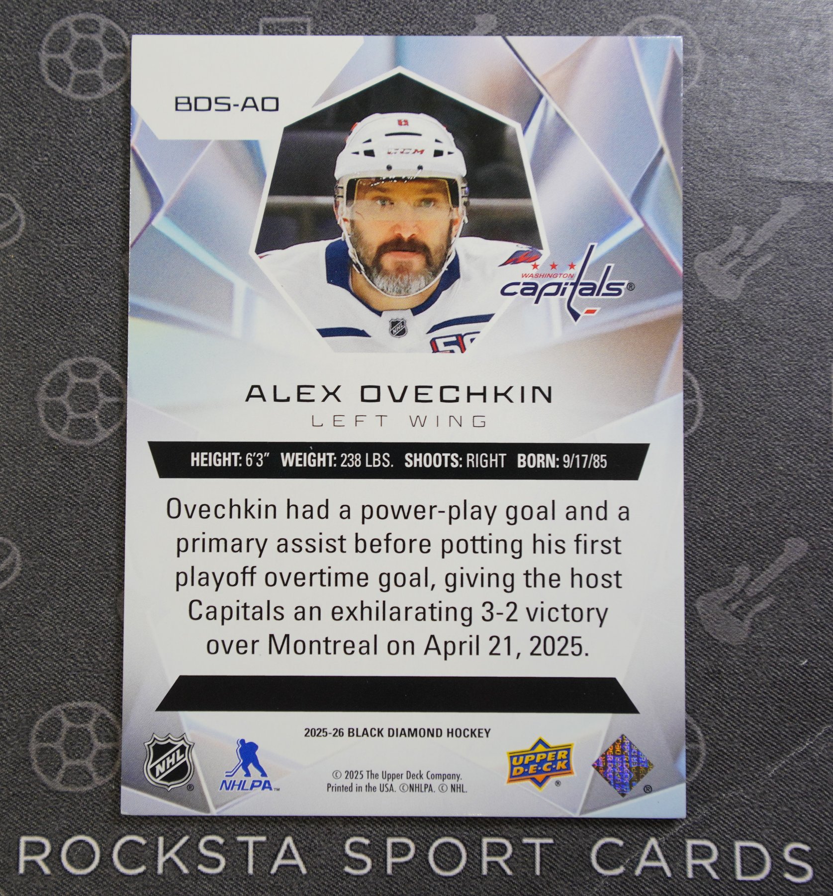 Оборотная сторона карточки Alexander Ovechkin — 2025/26 Upper Deck Black Diamond — Diamond Stars / Base /249 — #BDS-AO — 022/249