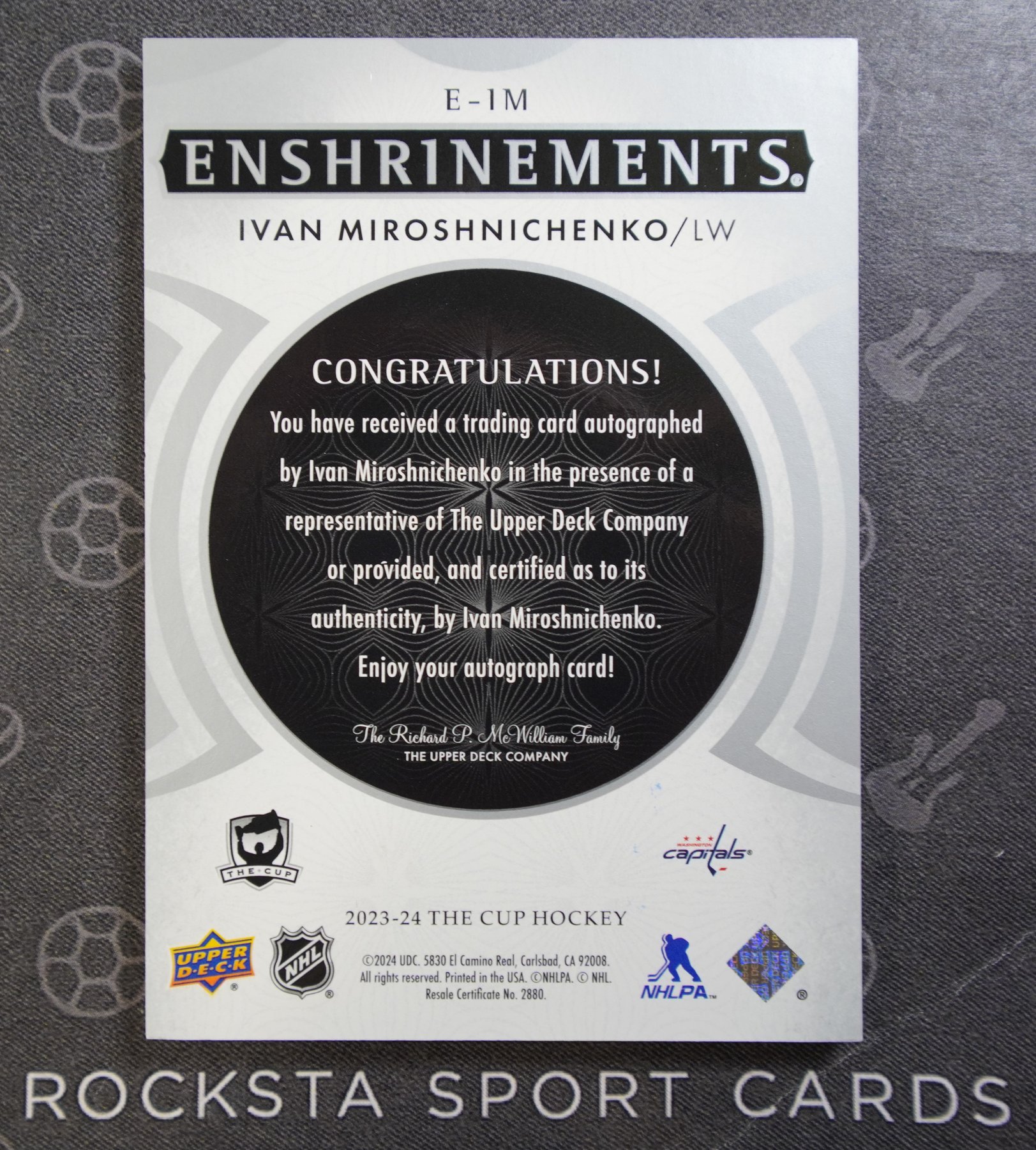Оборотная сторона карточки Ivan Miroshnichenko — 2023/24 Upper Deck The Cup — Enshrinements / Base /99 — #E-IM — 94/99