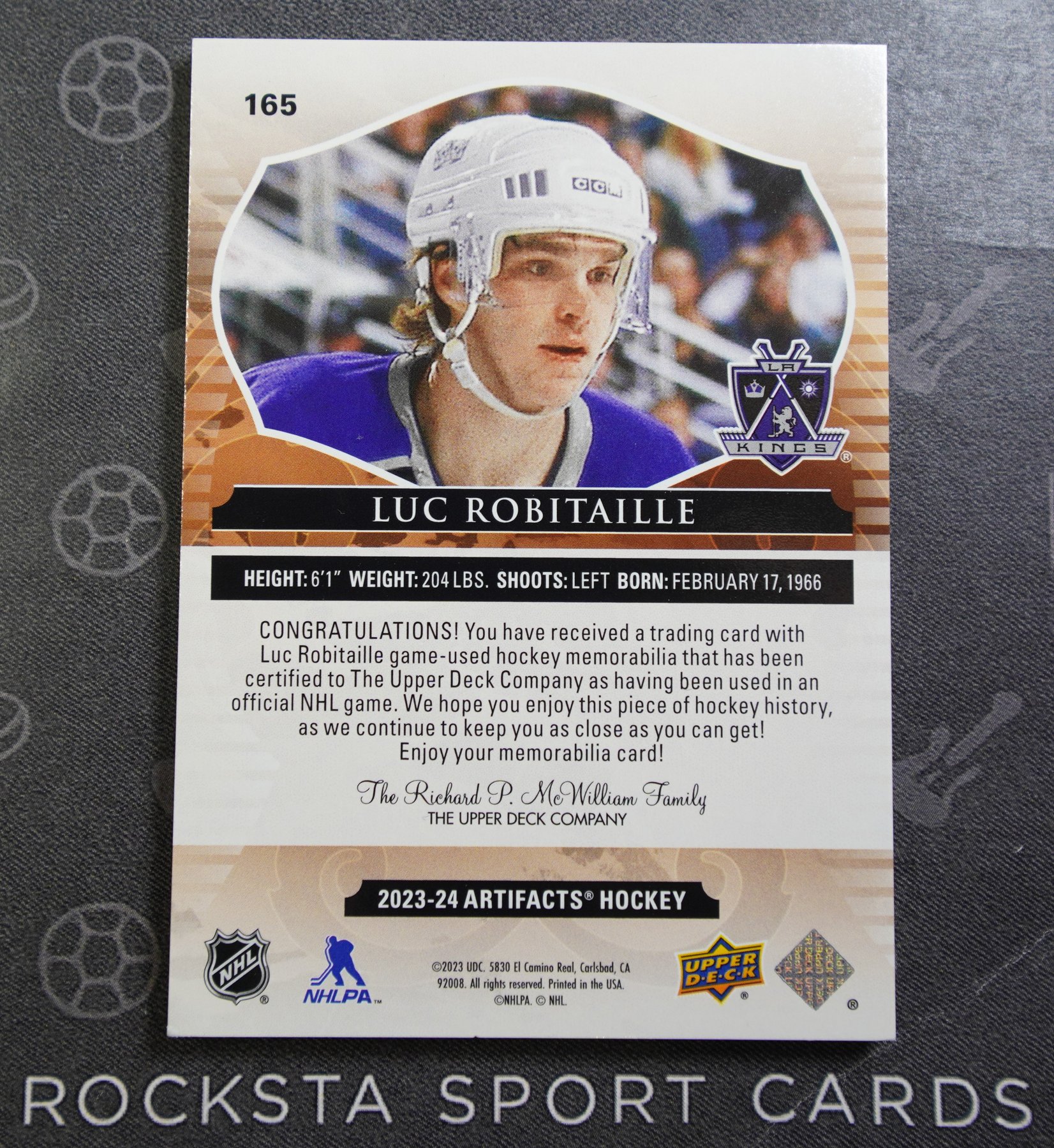 Оборотная сторона карточки Luc Robitaille — 2023/24 Upper Deck Artifacts — Legends / Material Orange — #165 — 04/10