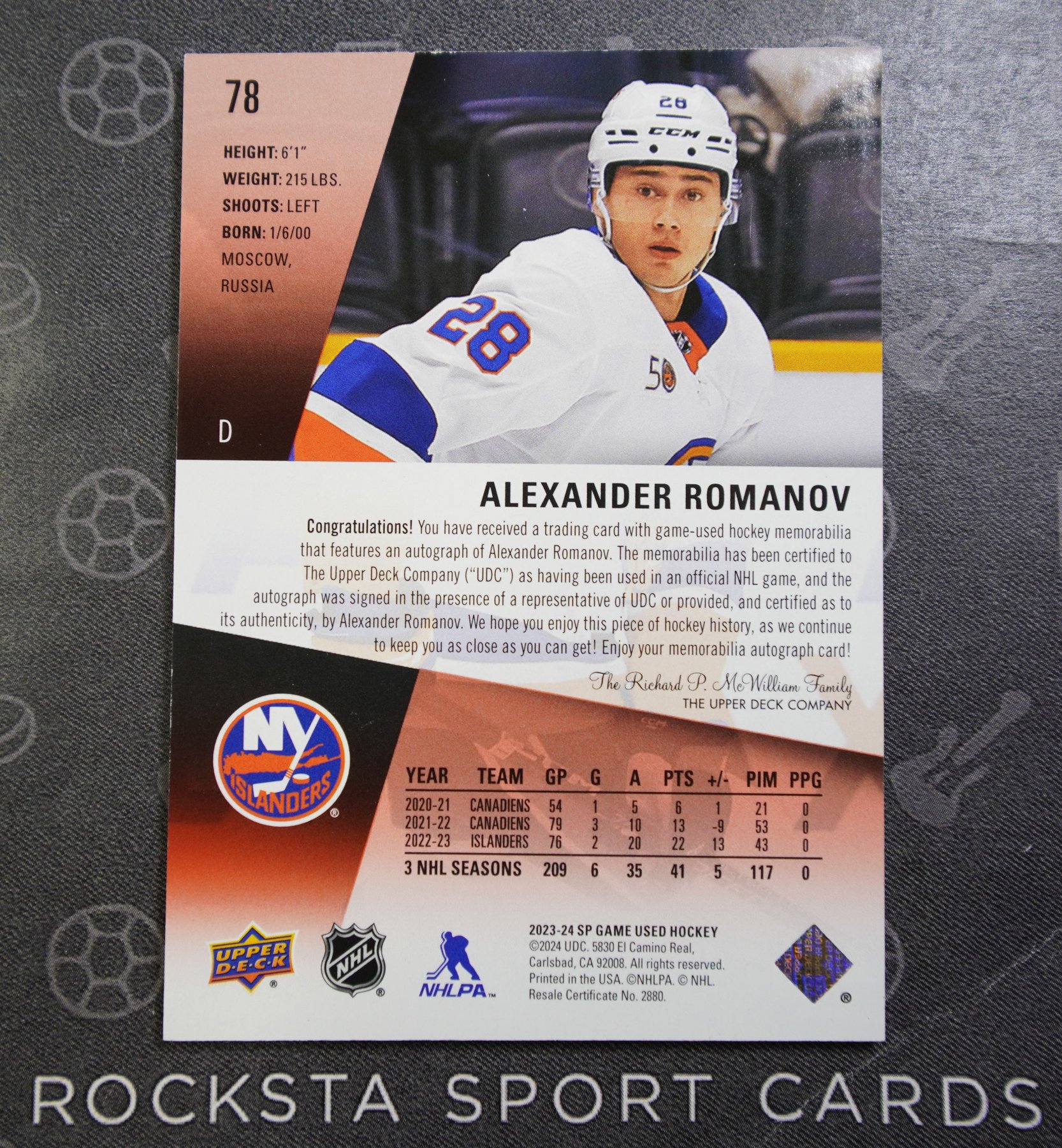 Оборотная сторона карточки Alexander Romanov — 2023/24 Upper Deck SP Game Used — Base Set / Auto Jersey Parallel — #78 — 094/149