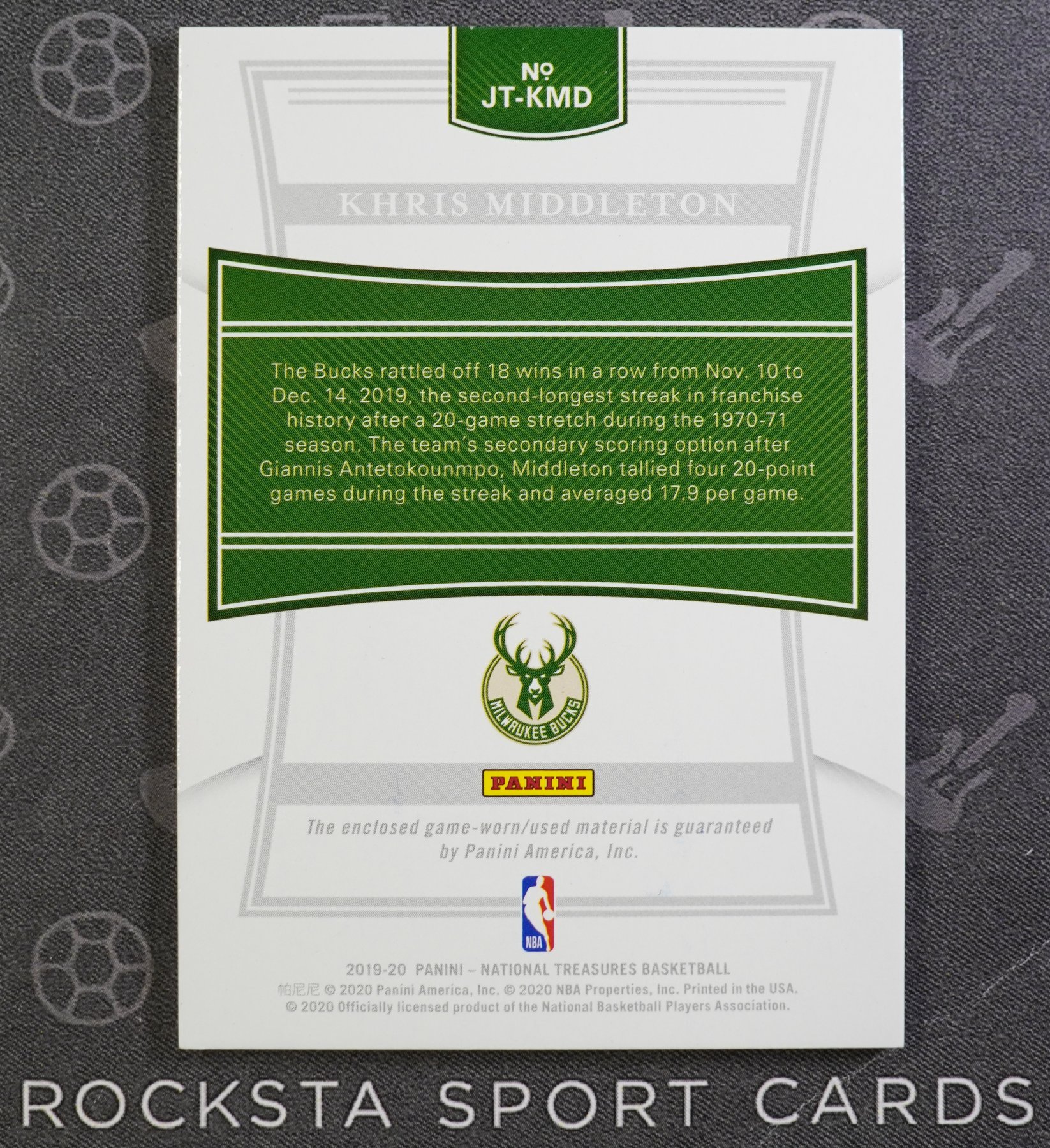 Оборотная сторона карточки Khris Middleton — 2019/20 Panini National Treasures — Jersey Treasures — #JT-KMD — 66/99